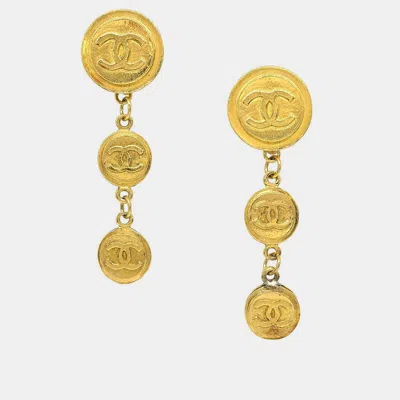 Pre-owned Chanel Dangle Button Earrings Clip-on Gold