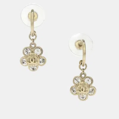 Pre-owned Chanel Dangle Flower Pierced Earrings Gold Rhinestone