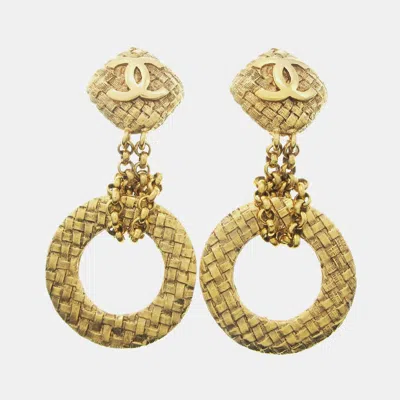 Pre-owned Chanel Dangle Hoop Earrings Clip-on Gold