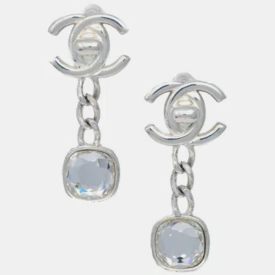 Pre-owned Chanel Dangle Turnlock Earrings Clip-on Silver Rhinestone 97a