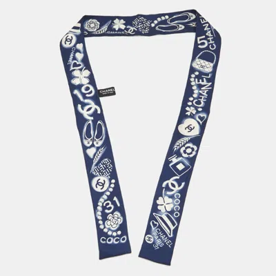 Pre-owned Chanel Dark Blue Cc Charms Print Silk Slim Bandeau Scarf