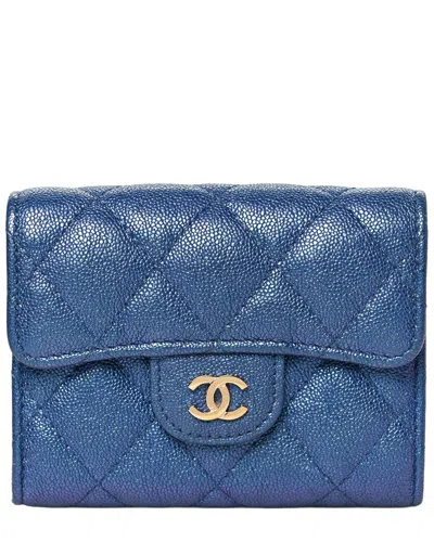 Pre-owned Chanel Dark Blue Iridescent Caviar Leather Flap Quilted Card Holder Wallet  (authentic Pre-loved)