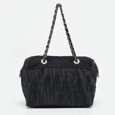 Pre-owned Chanel Dark Blue Quilted Denim Bowler Bag