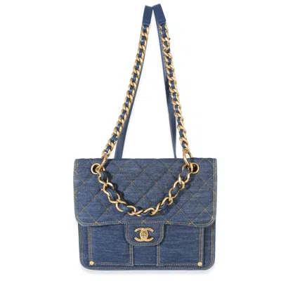 Pre-owned Chanel Dark Blue Quilted Denim Double You Backpack