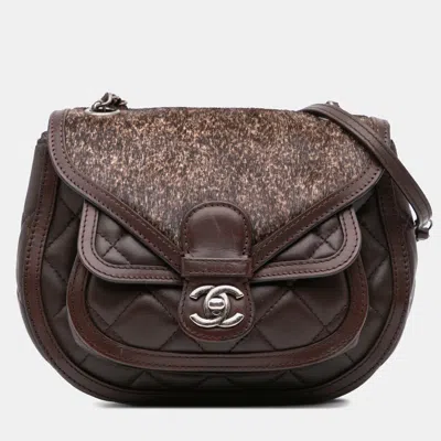 Pre-owned Chanel Dark Brown Paris-salzburg Quilted Lambskin And Pony Hair Saddle Crossbody
