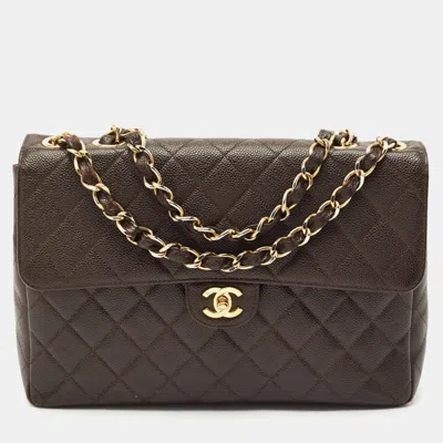Pre-owned Chanel Dark Brown Quilted Caviar Leather Jumbo Vintage Classic Flap Bag