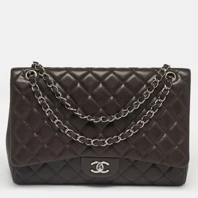 Pre-owned Chanel Dark Brown Quilted Caviar Leather Maxi Classic Single Flap Bag