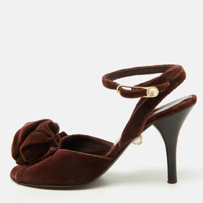 Pre-owned Chanel Dark Brown Velvet Ankle Strap Sandals Size 36.5