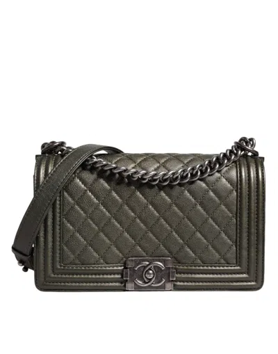 Pre-owned Chanel Dark Green Leather Shoulder Women's Gray Metal Purse Women's Bag