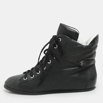 Pre-owned Chanel Dark Green Perforated Leather Cc High Top Sneakers Size 38