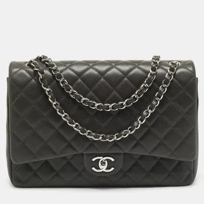 Pre-owned Chanel Dark Grey Quilted Caviar Leather Maxi Classic Double Flap Bag In Gray