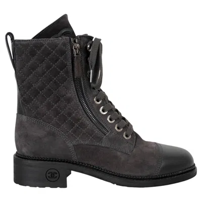Pre-owned Chanel Dark Grey Suede 18a Hamburg Quilted Ankle Boots Shoes 38.5 In Gray