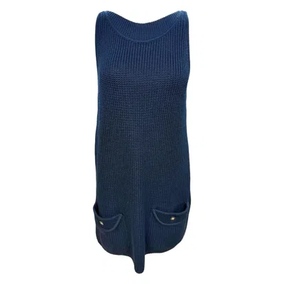 Pre-owned Chanel Dark Navy Cotton Knitted Sleeveless Tunic Top In Blue