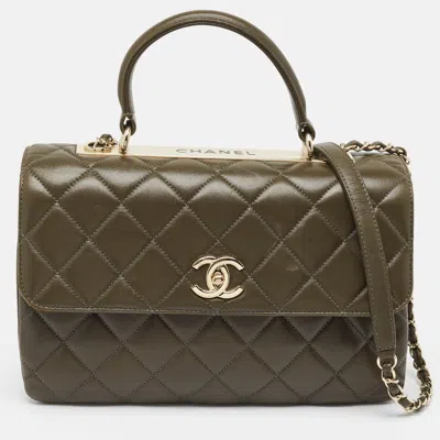 Pre-owned Chanel Dark Olive Quilted Leather Medium Trendy Cc Top Handle Bag In Green