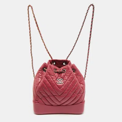 Pre-owned Chanel Dark Pink Chevron Leather Small Gabrielle Backpack