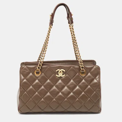 Pre-owned Chanel Dark Quilted Leather Perfect Edge Tote In Brown