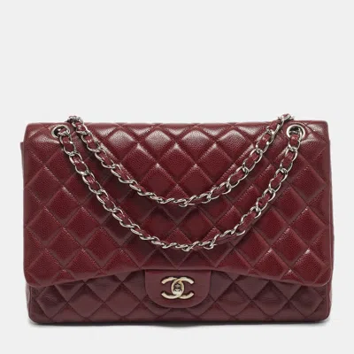Pre-owned Chanel Dark Red Quilted Caviar Leather Maxi Classic Single Flap Bag