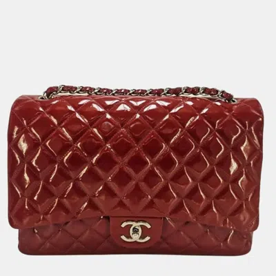 Pre-owned Chanel Dark Red Quilted Patent Leather Maxi Classic Double Flap Bag