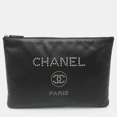 Pre-owned Chanel Deauville Black Caviar Leather Pouch Clutch