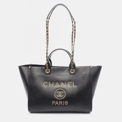 Pre-owned Chanel Deauville Black Leather Tote Bag