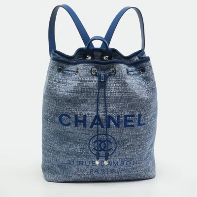 Pre-owned Chanel Deauville Blue Tweed Backpack