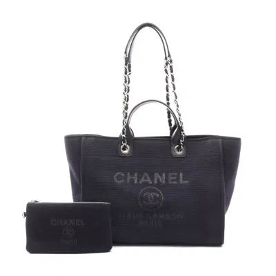 Pre-owned Chanel Deauville Canvas Leather Tote Bag In Black