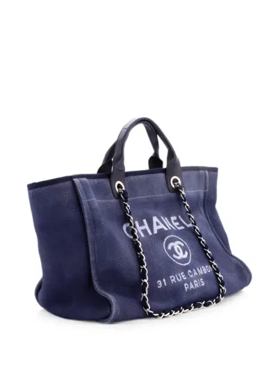 Pre-owned Chanel Deauville Canvas Medium Tote Bag In Blue