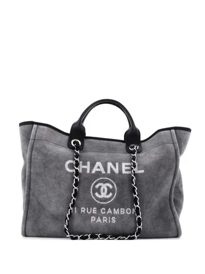 Pre-owned Chanel Deauville Canvas Medium Tote Bag In Gray