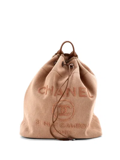 Pre-owned Chanel Deauville Canvas With Sequins Large Backpack In Brown