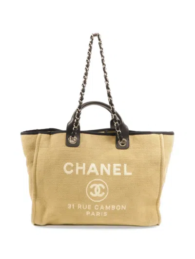 Pre-owned Chanel Deauville Cc Canvas Tote Bag In Neutrals