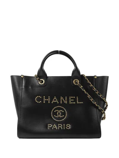 Pre-owned Chanel Deauville Cc Chain Tote Bag In Black