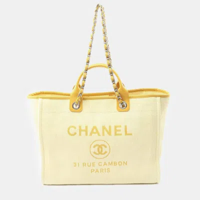 Pre-owned Chanel Deauville Chain Shoulder Tote Bag Leather Raffia Beige Yellow In Sand