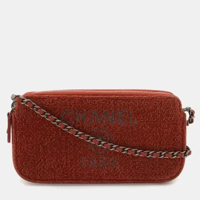 Pre-owned Chanel Deauville Chain Wallet Long Pink Red Velour Shoulder Bag In Multi
