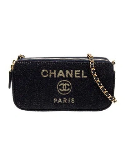 Pre-owned Chanel Deauville Double Zip Clutch W/ Chain In Blue