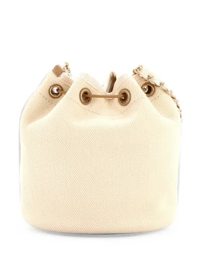 Pre-owned Chanel Deauville Drawstring Pearl Embellished Canvas Medium Bucket Bag In Neutrals