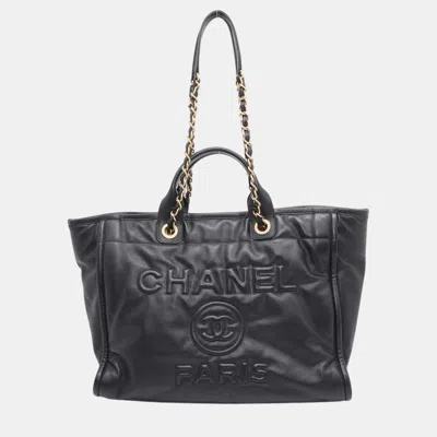 Pre-owned Chanel Deauville Embossed Tote Black Lambskin Size Large
