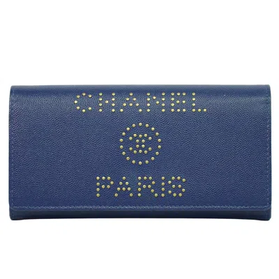 Pre-owned Chanel Deauville Flap Wallet Caviar Navy Leather Wallets Accessory () In Blue