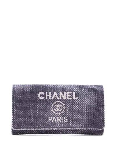 Pre-owned Chanel Deauville Flap Wallet Lurex Canvas Long Small Wallets In Blue