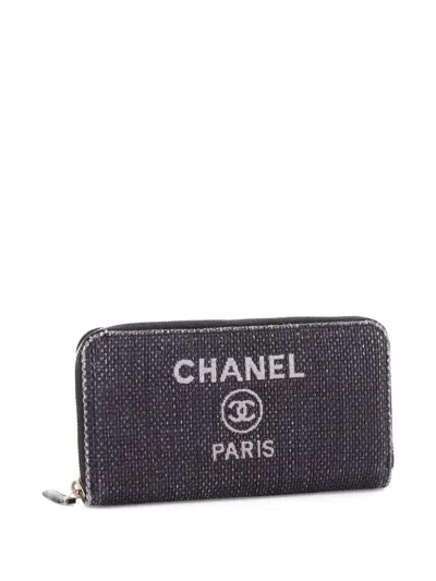 Pre-owned Chanel Deauville Flap Wallet Raffia Long Small Wallets In Black