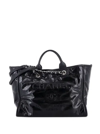 Pre-owned Chanel Deauville Glazed Calfskin Large Tote Bag In Black