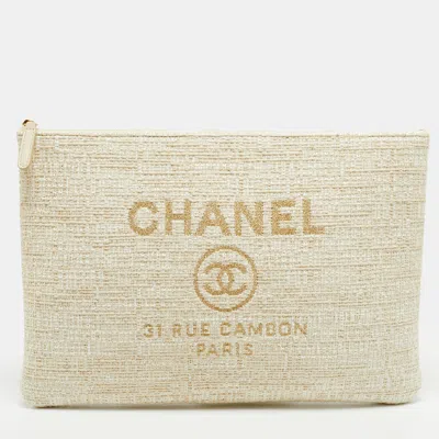 Pre-owned Chanel Deauville Gold/white Tweed Zip Clutch