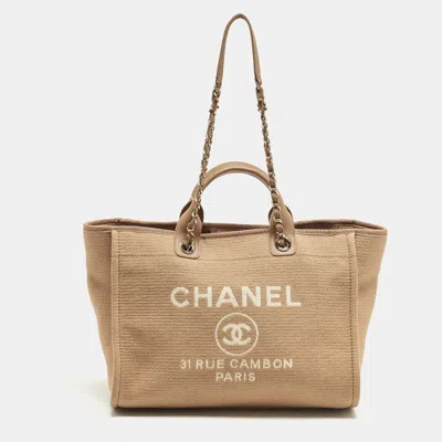 Pre-owned Chanel Deauville Large Beige Tweed And Leather Shopper Tote In Sand