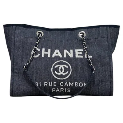Pre-owned Chanel Deauville Large Denim Canvas Tote Bag In Black