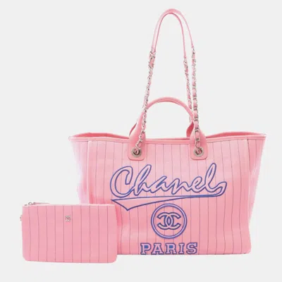 Pre-owned Chanel Deauville Large Pink Canvas Calfskin Leather Tote Bag In Blue