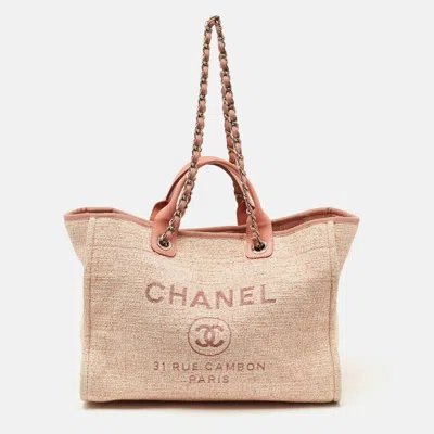 Pre-owned Chanel Deauville Large Pink Tweed And Leather Shopper Tote