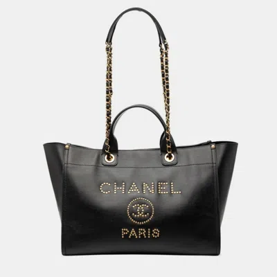 Pre-owned Chanel Deauville Logo Stud Tote Shoulder Bag Black Caviar Leather