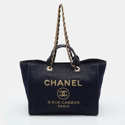 Pre-owned Chanel Deauville Medium Navy Blue/black Denim And Leather Shopper Tote