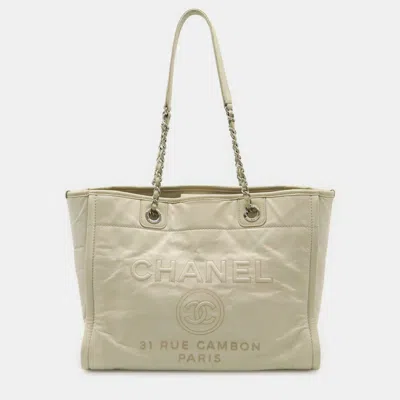 Pre-owned Chanel Deauville Medium Tote Mm Shoulder Bag With Chain Strap White Leather