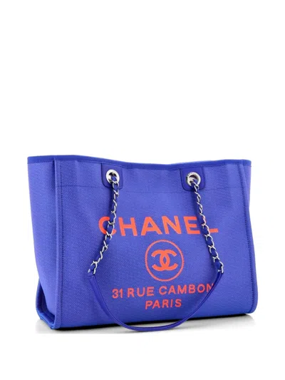 Pre-owned Chanel Deauville Mixed Fibers Small Tote Bag In Blue