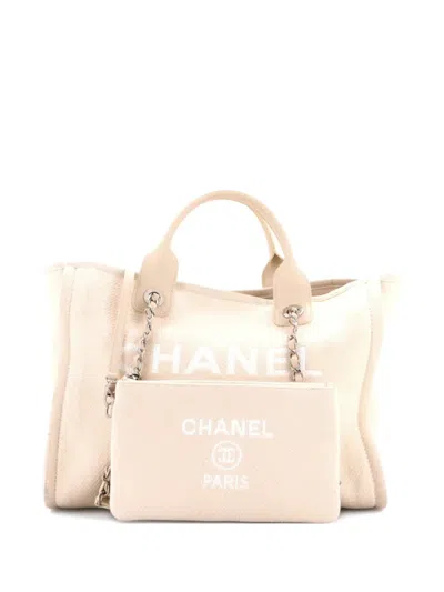 Pre-owned Chanel Deauville Mixed Fibers Small Tote Bag In Neutral